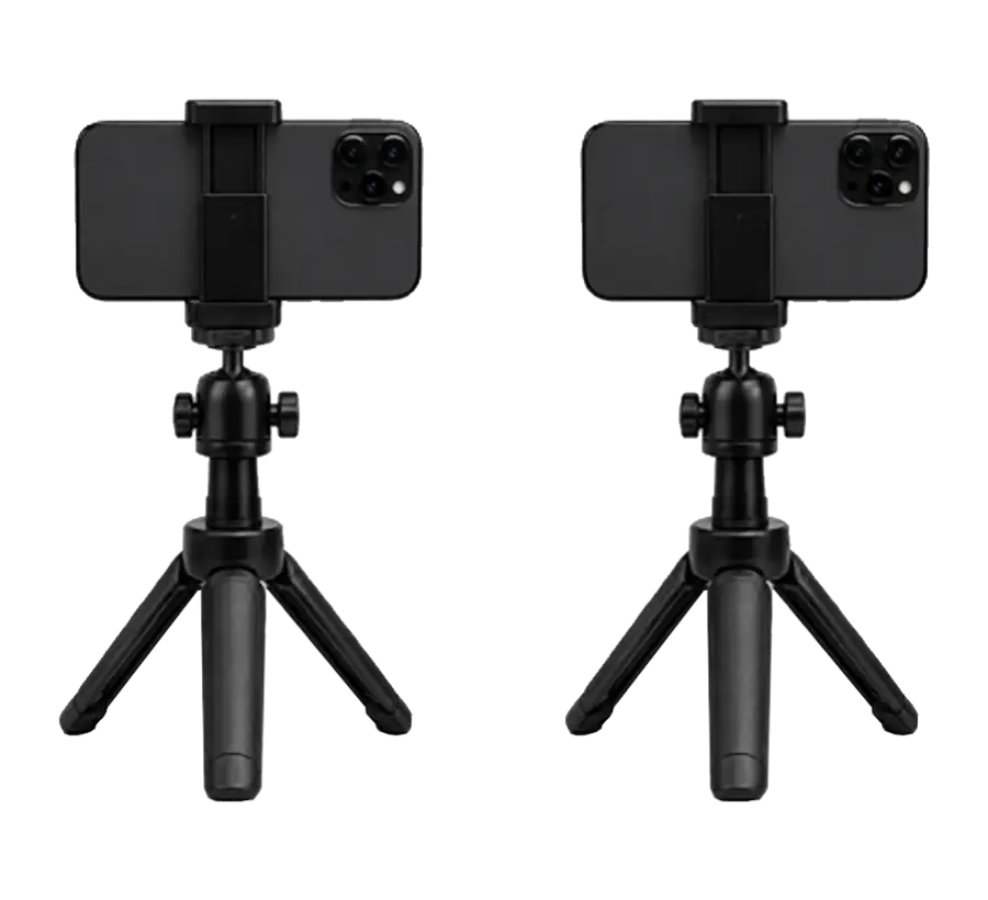 Phones mounted on tabletop tripods