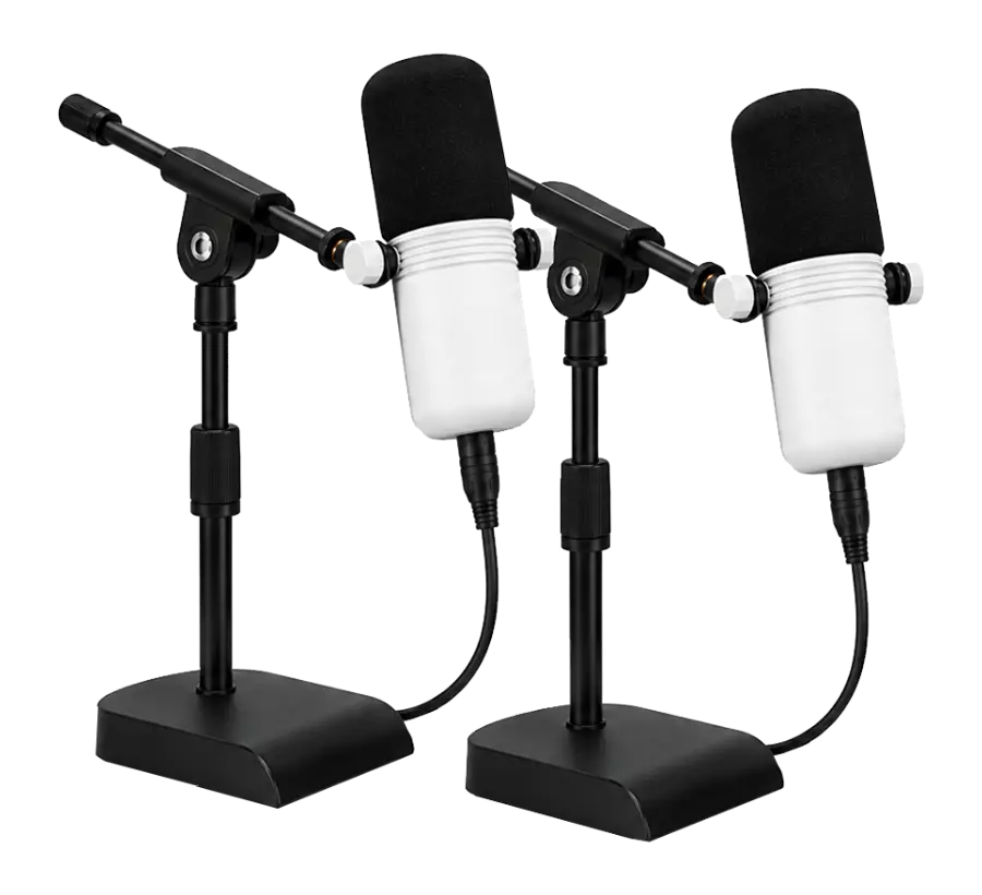 Microphones mounted on desktop boom stands