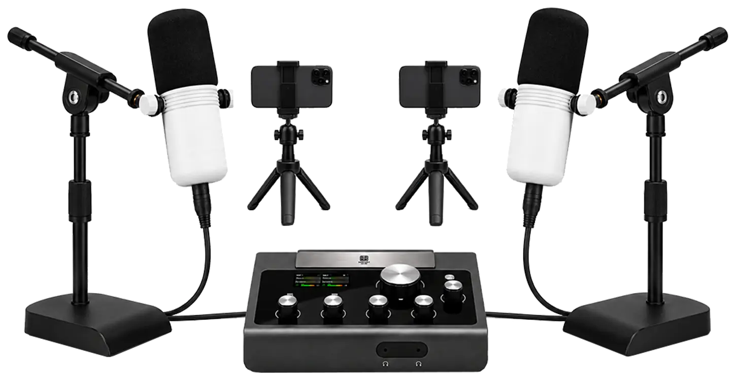 Full Podcast in a Box kit — 2 mics on stands, phone mounts, audio interface and cables